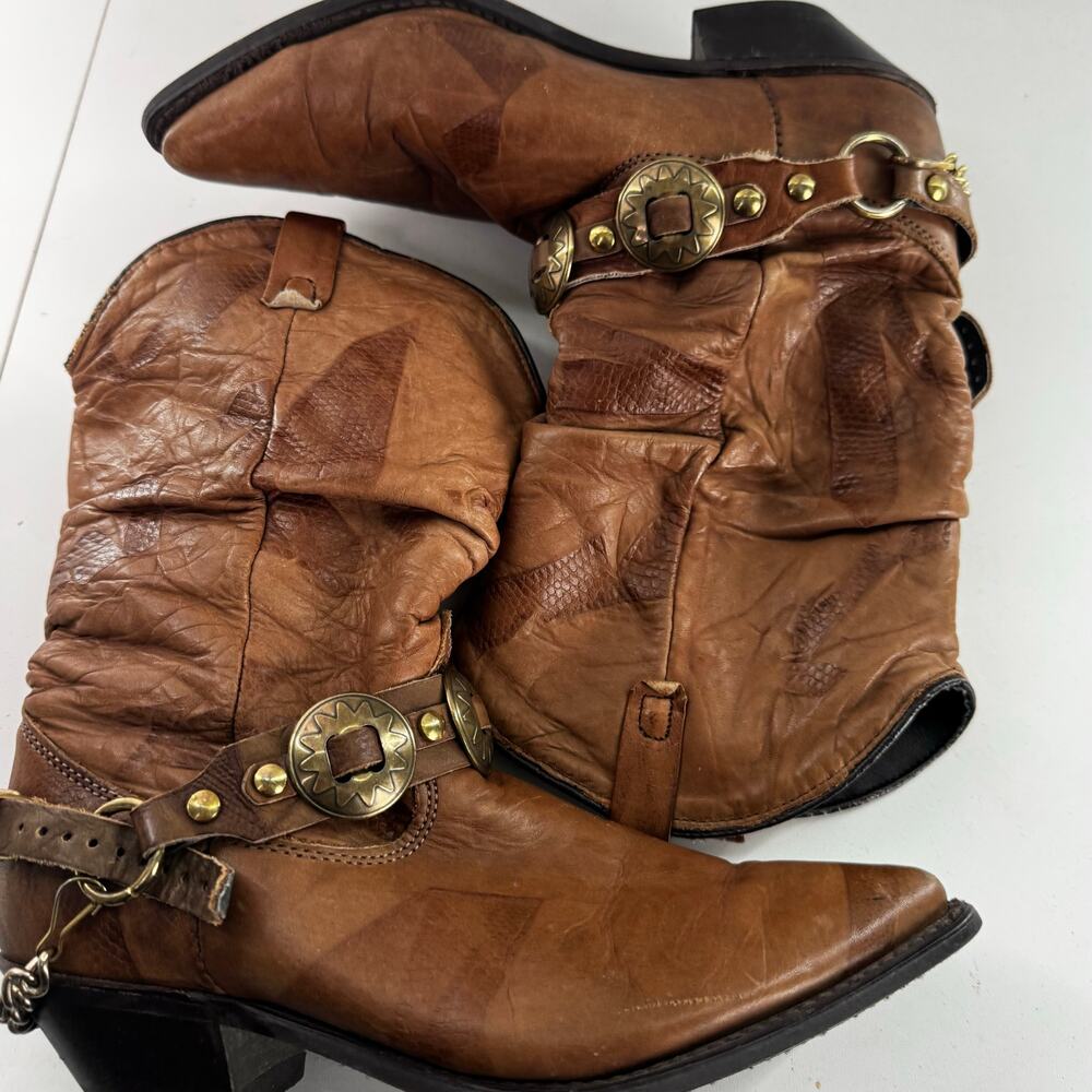Vtg Dingo Boots Women Size 6.5 Olivia Slouch Chain Harness Concho Brown Leather - Picture 5 of 9